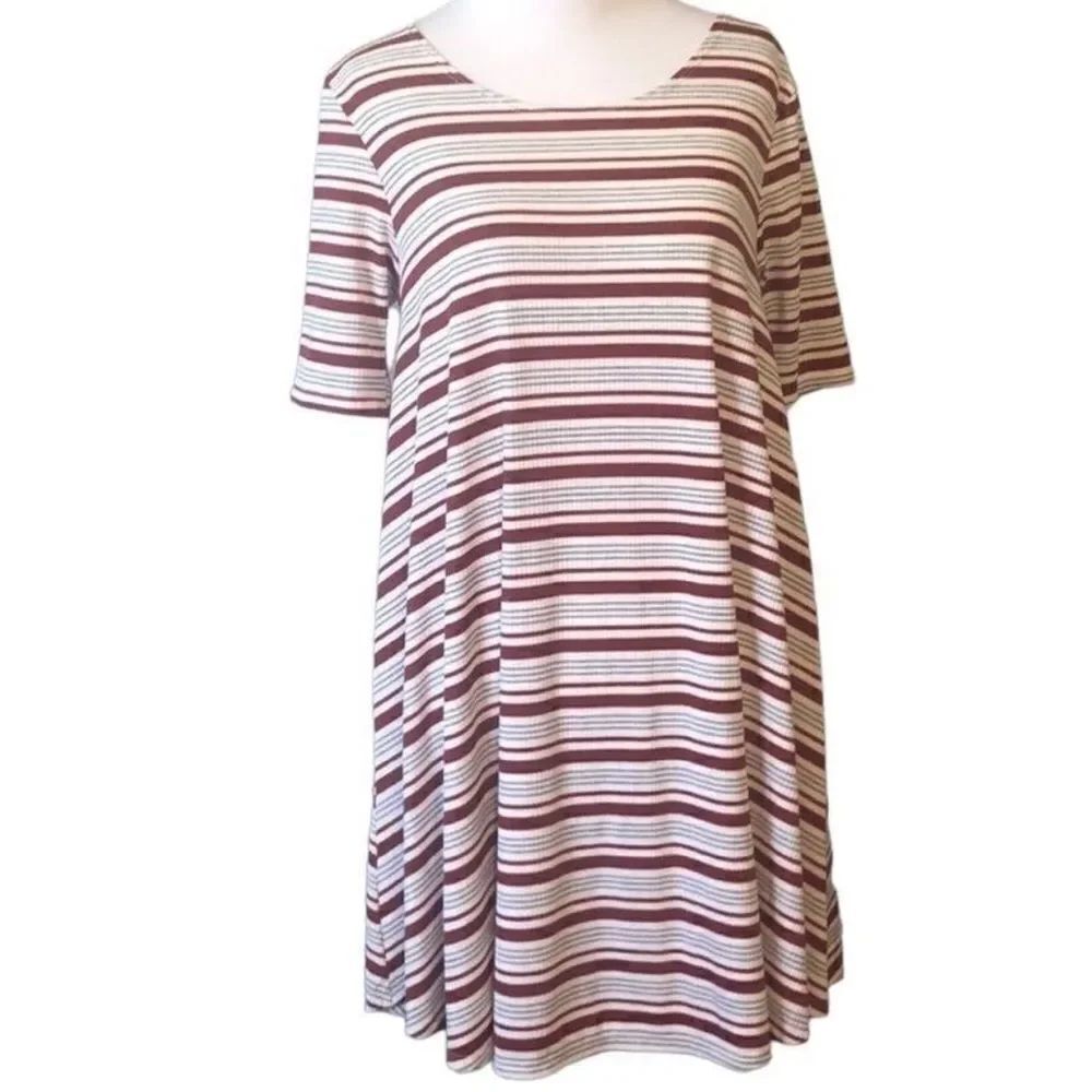 See You Monday LA Striped Rib Knit Swing Dress Large Burgundy Cream
